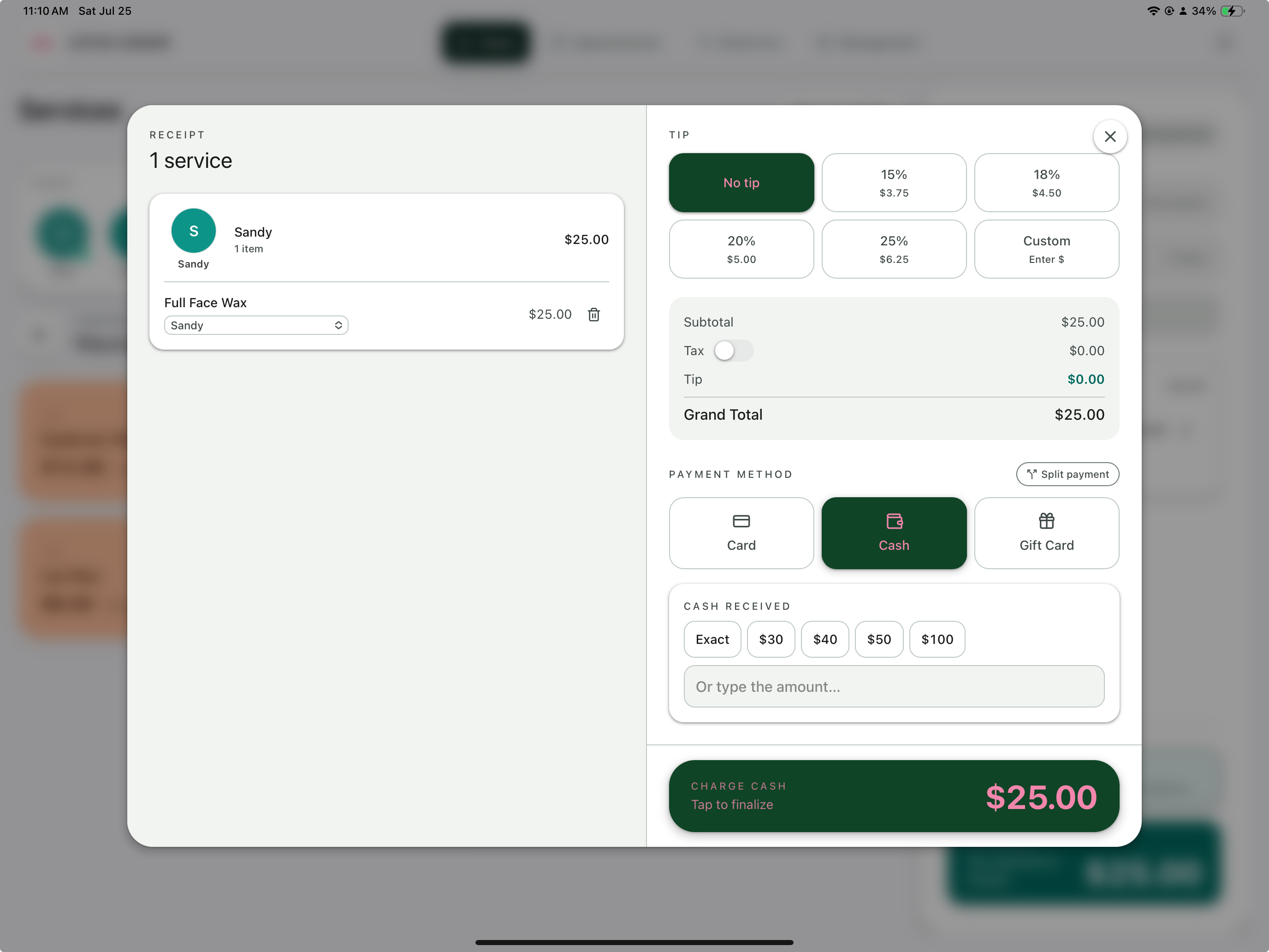Checkout and tip screen
